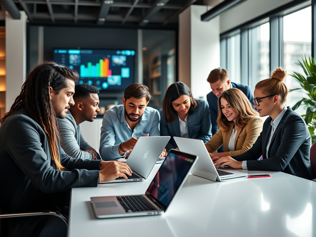 A team of seven diverse professionals collaborating around a modern conference table, looking at laptops and discussing digital marketing strategies.